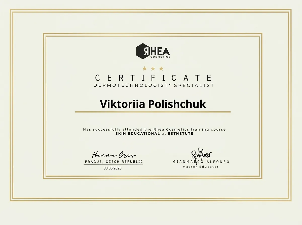 Certificate Rhea Cosmetics — Dermotechnologist Specialist