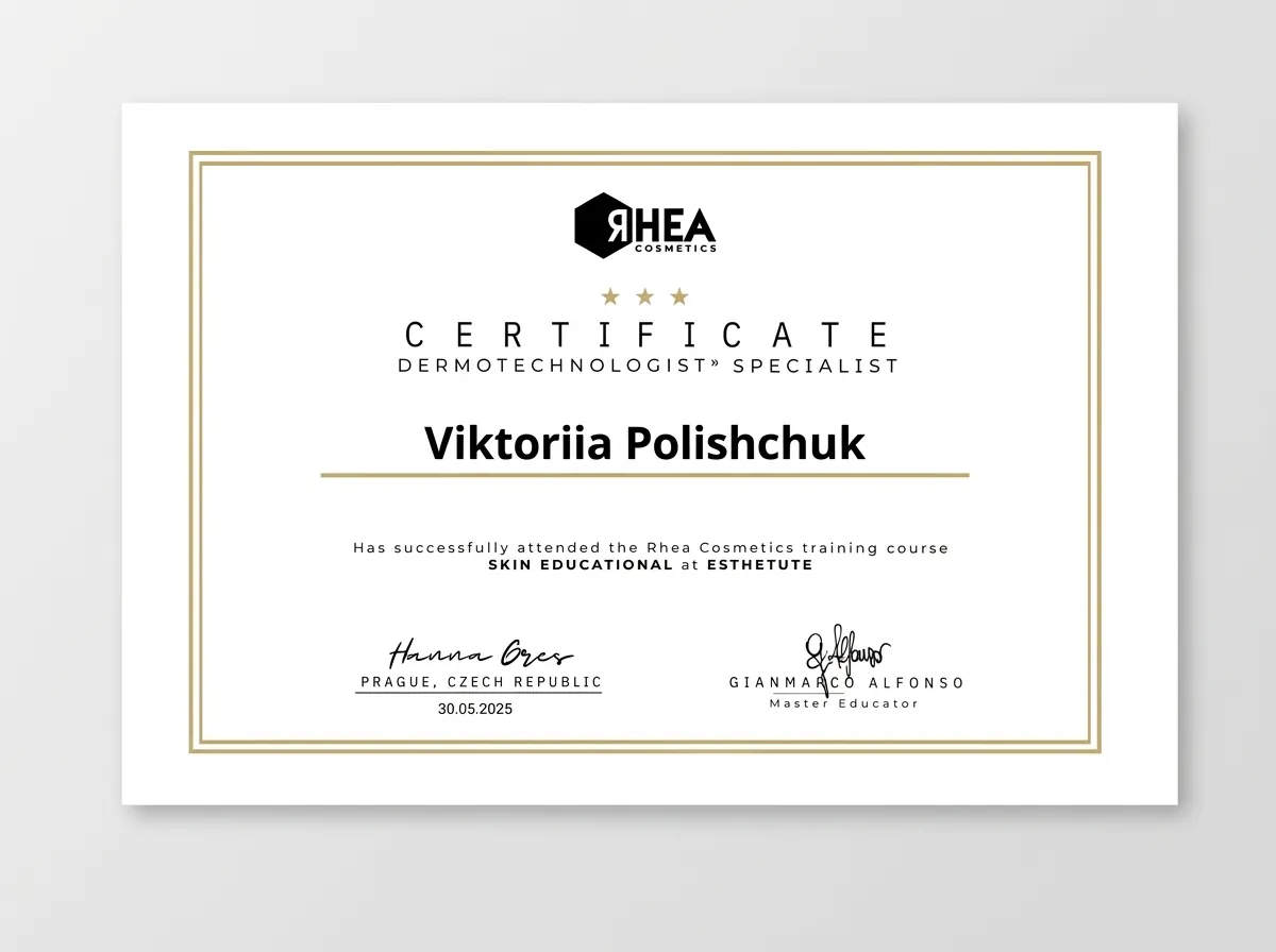 Certificate Rhea Cosmetics — Skin Educational at Esthetute